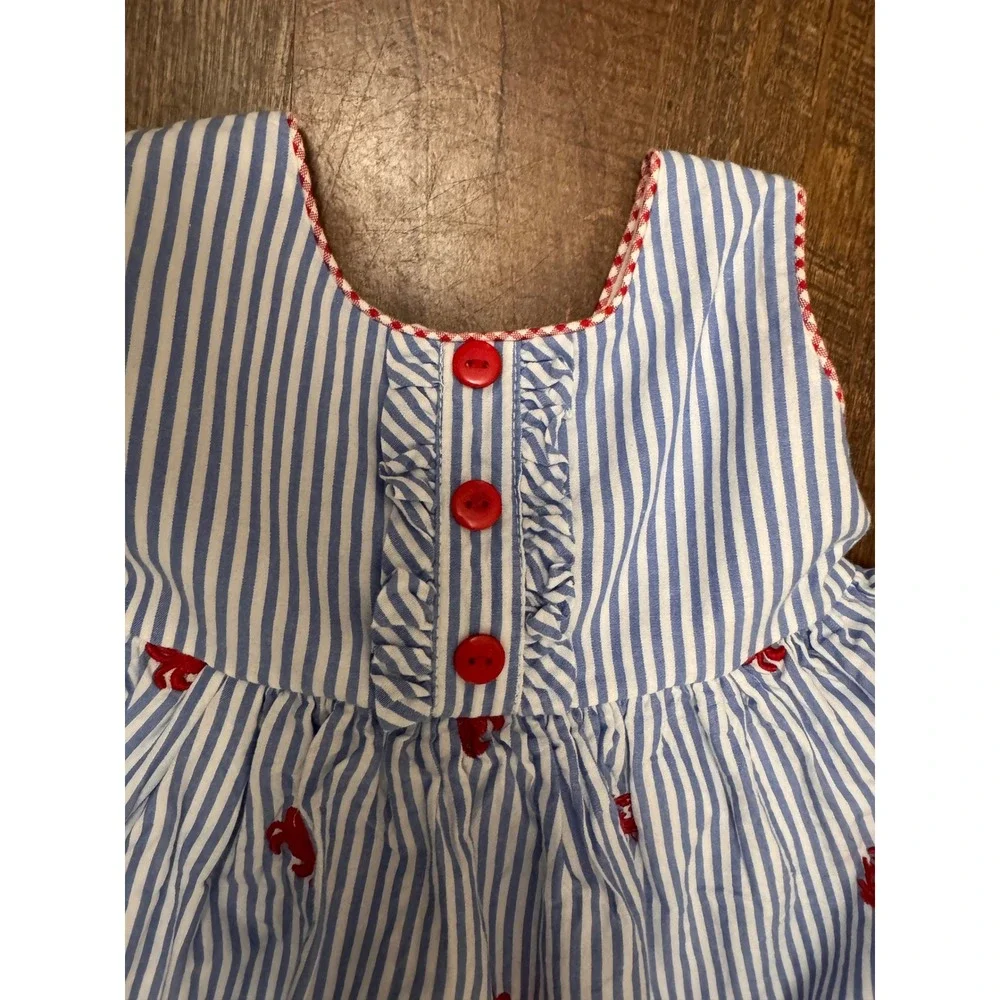 Cotton Kids Seersucker Crab Dress & Bloomers 12M Nautical Blue White Striped